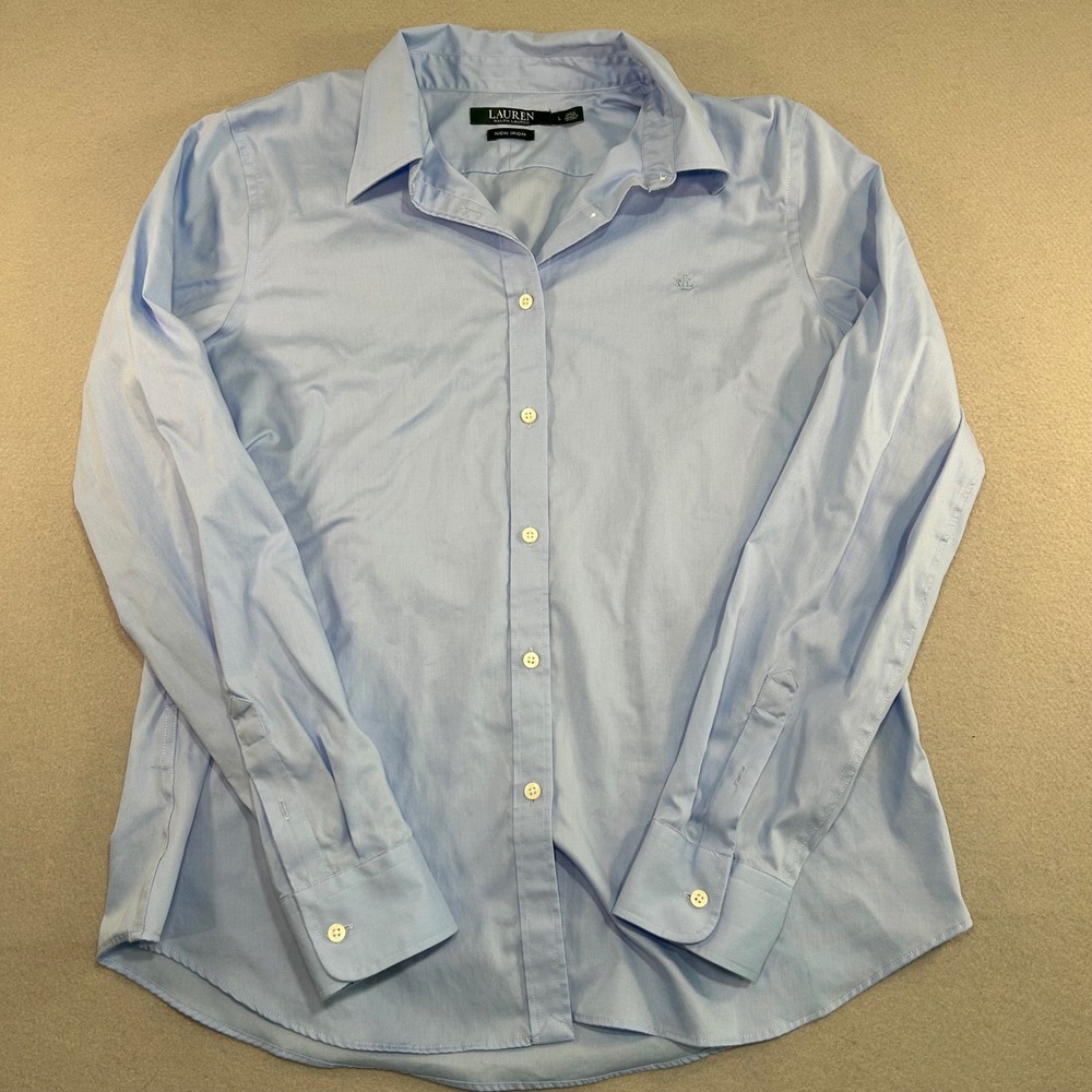 Lauren Ralph Lauren Button Down Shirt Womens L Blue Non Iron Long Sleeve Logo